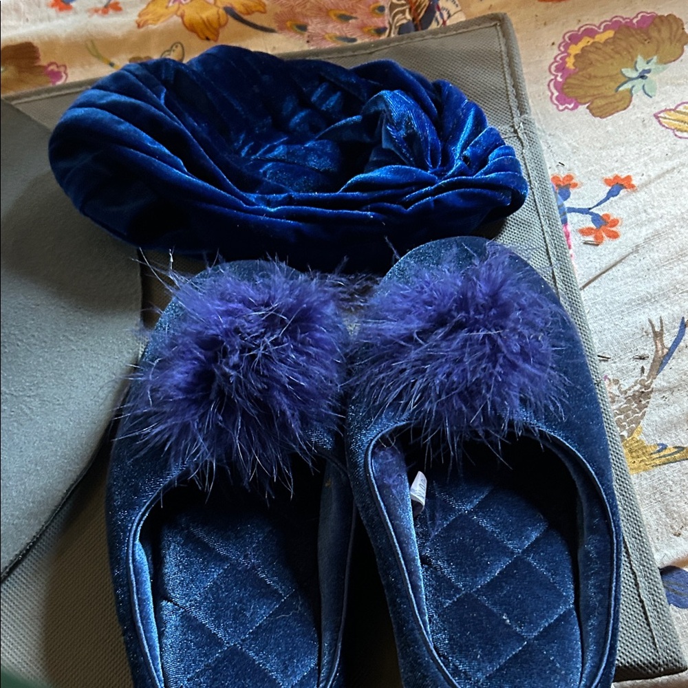 Blue Velvet Slippers with Fur Pom Pom and Matching Turbin